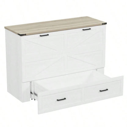 Size Farmhouse Murphy Cabinet Bed with Charging Station, Foldable Platform Bed with Large Storage Drawer Guest - Room, Small Bedroom, White