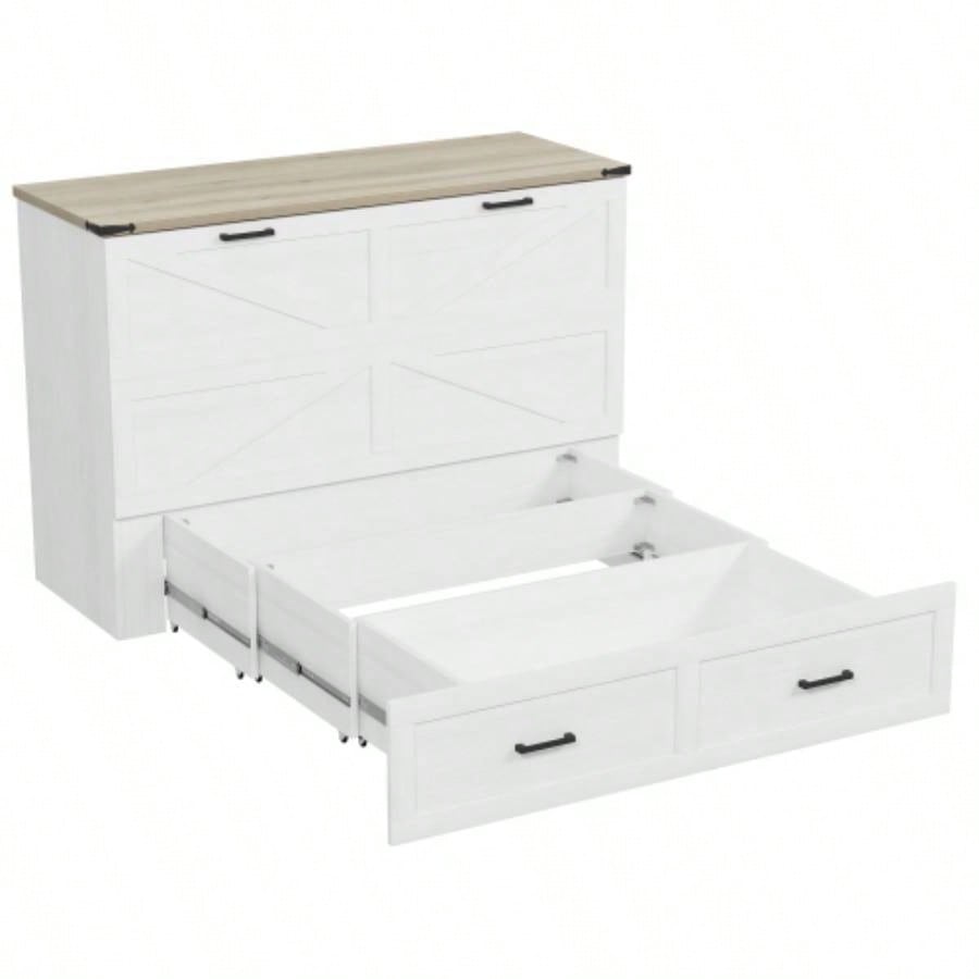 Size Farmhouse Murphy Cabinet Bed with Charging Station, Foldable Platform Bed with Large Storage Drawer Guest - Room, Small Bedroom, White