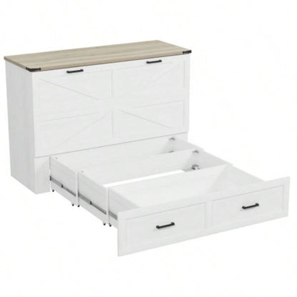 Size Farmhouse Murphy Cabinet Bed with Charging Station, Foldable Platform Bed with Large Storage Drawer Guest - Room, Small Bedroom, White