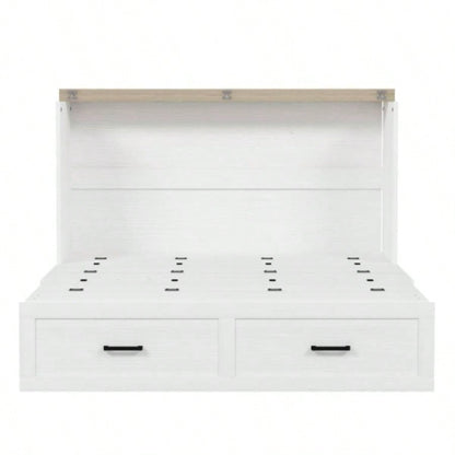 Size Farmhouse Murphy Cabinet Bed with Charging Station, Foldable Platform Bed with Large Storage Drawer Guest - Room, Small Bedroom, White
