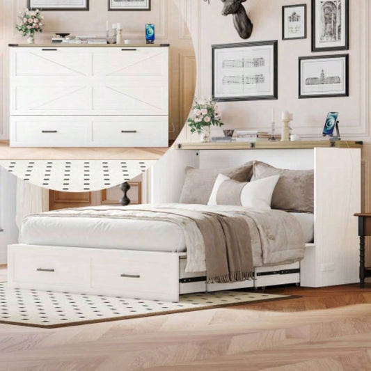 Size Farmhouse Murphy Cabinet Bed with Charging Station, Foldable Platform Bed with Large Storage Drawer Guest - Room, Small Bedroom, White