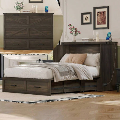 Size Farmhouse Murphy Cabinet Bed with Charging Station, Foldable Platform Bed with Large Storage Drawer Guest - Room, Small Bedroom, White