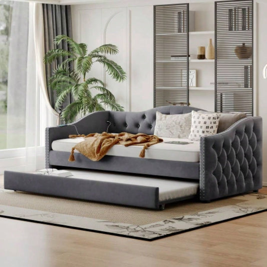 Twin Size Upholstered Daybed with Trundle and USB Charging Design, Sturdy Wood Slat Support, Wood Bed Frame Bedroom/Guestroom/Dorm, Plush Velvet Fabric, Gray