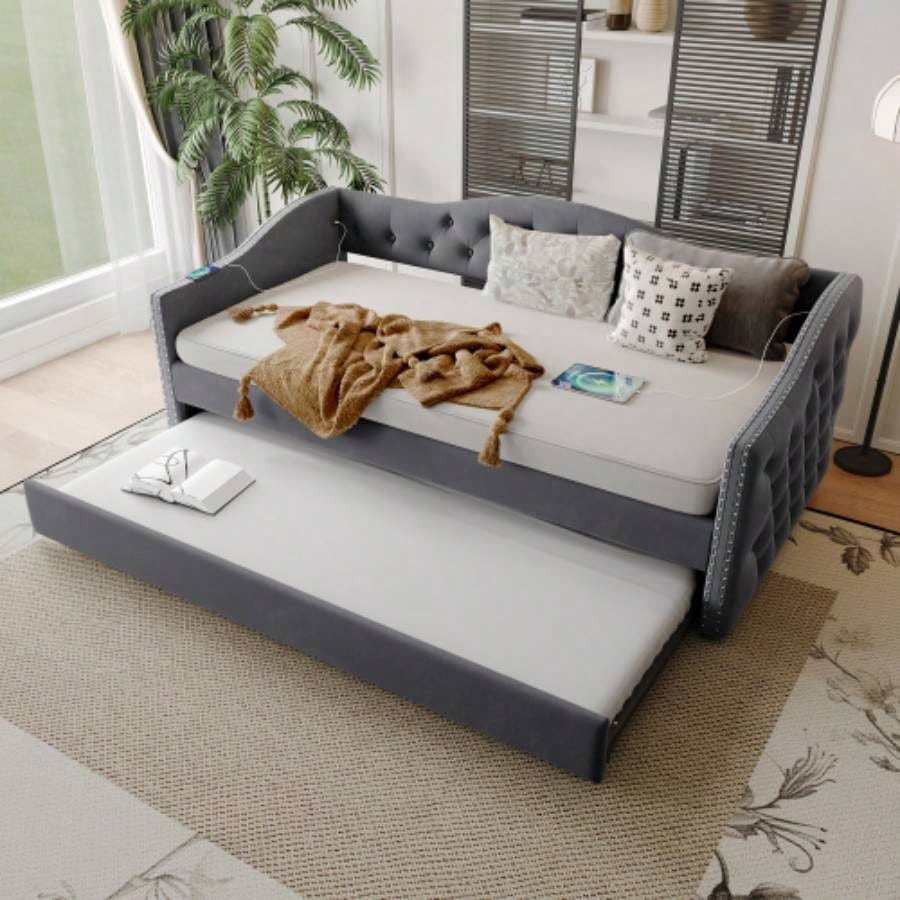 Twin Size Upholstered Daybed with Trundle and USB Charging Design, Sturdy Wood Slat Support, Wood Bed Frame Bedroom/Guestroom/Dorm, Plush Velvet Fabric, Gray