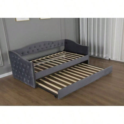 Twin Size Upholstered Daybed with Trundle and USB Charging Design, Sturdy Wood Slat Support, Wood Bed Frame Bedroom/Guestroom/Dorm, Plush Velvet Fabric, Gray