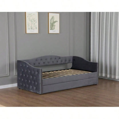 Twin Size Upholstered Daybed with Trundle and USB Charging Design, Sturdy Wood Slat Support, Wood Bed Frame Bedroom/Guestroom/Dorm, Plush Velvet Fabric, Gray
