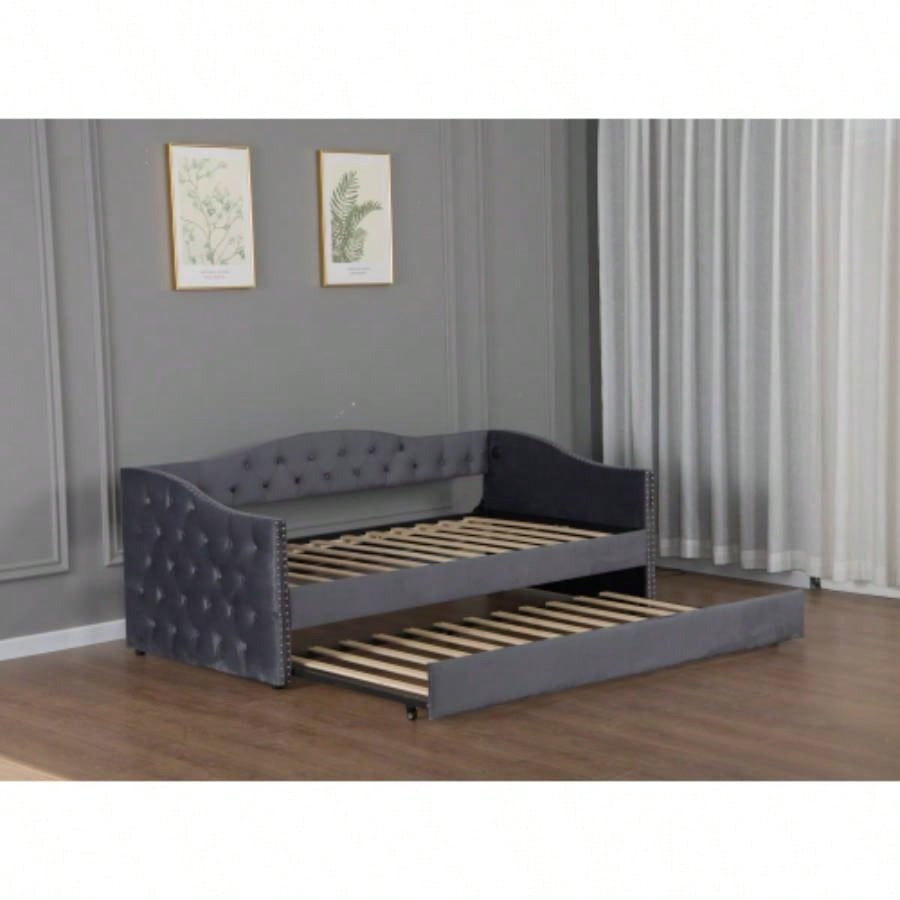 Twin Size Upholstered Daybed with Trundle and USB Charging Design, Sturdy Wood Slat Support, Wood Bed Frame Bedroom/Guestroom/Dorm, Plush Velvet Fabric, Gray