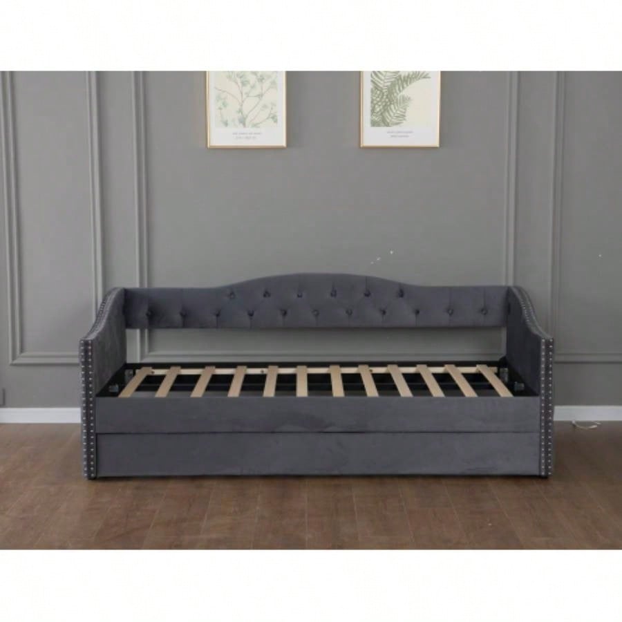 Twin Size Upholstered Daybed with Trundle and USB Charging Design, Sturdy Wood Slat Support, Wood Bed Frame Bedroom/Guestroom/Dorm, Plush Velvet Fabric, Gray