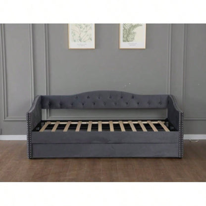 Twin Size Upholstered Daybed with Trundle and USB Charging Design, Sturdy Wood Slat Support, Wood Bed Frame Bedroom/Guestroom/Dorm, Plush Velvet Fabric, Gray