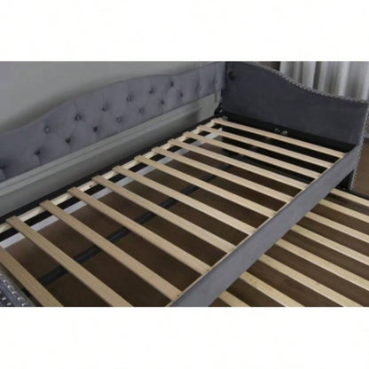 Twin Size Upholstered Daybed with Trundle and USB Charging Design, Sturdy Wood Slat Support, Wood Bed Frame Bedroom/Guestroom/Dorm, Plush Velvet Fabric, Gray