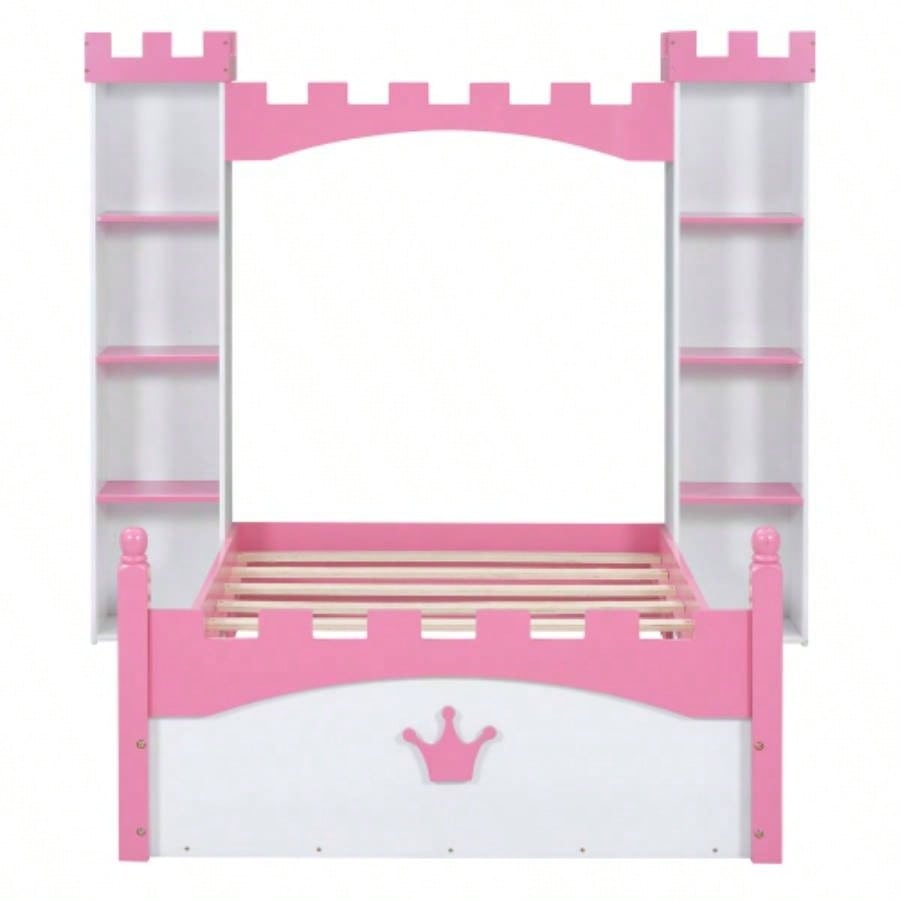 Castle - Shaped Wooden Bed with Storage Shelf, Dreamy Twin Size Platform Bed Bedroom, White+ PinkExpected Arrival Time: 8.14
