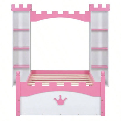 Castle - Shaped Wooden Bed with Storage Shelf, Dreamy Twin Size Platform Bed Bedroom, White+ PinkExpected Arrival Time: 8.14