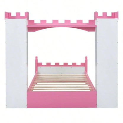 Castle - Shaped Wooden Bed with Storage Shelf, Dreamy Twin Size Platform Bed Bedroom, White+ PinkExpected Arrival Time: 8.14