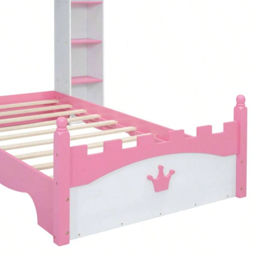 Castle - Shaped Wooden Bed with Storage Shelf, Dreamy Twin Size Platform Bed Bedroom, White+ PinkExpected Arrival Time: 8.14