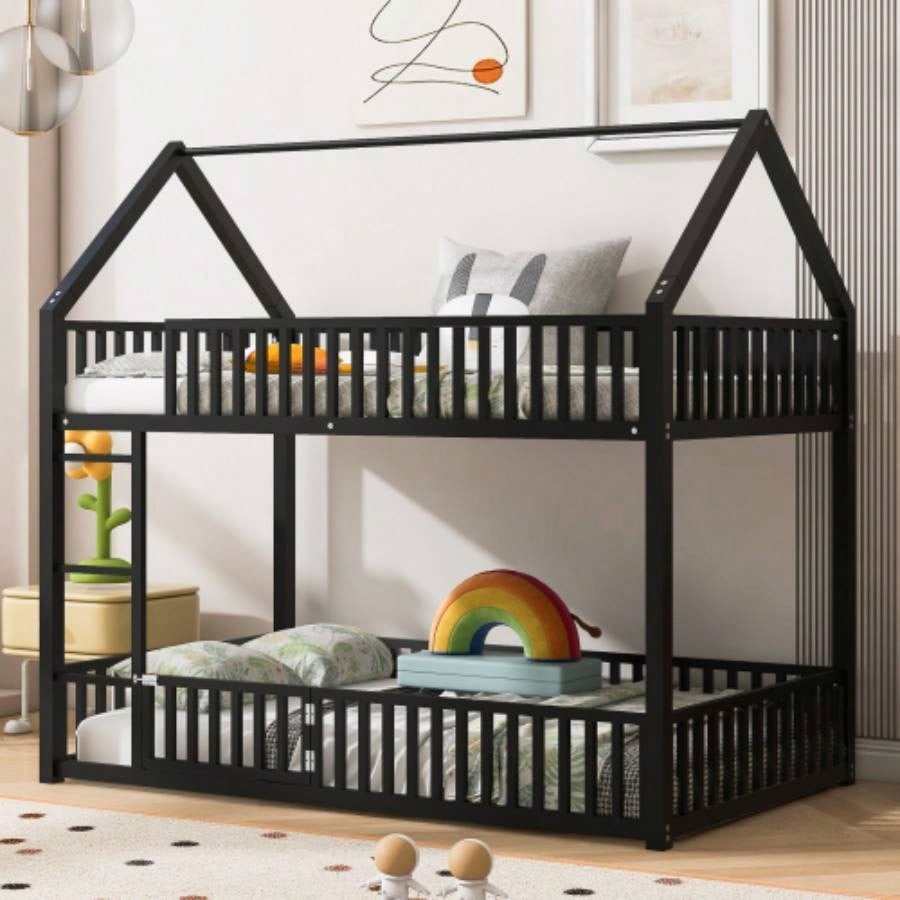Metal Twin over Twin House Bunk Bed with Fence and Door, White