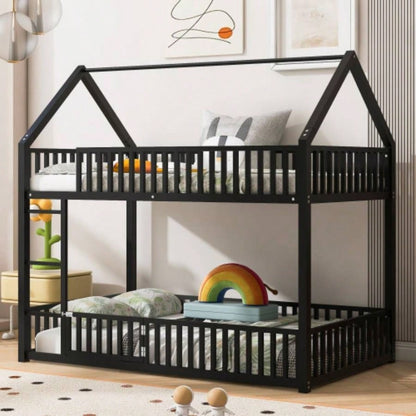 Metal Twin over Twin House Bunk Bed with Fence and Door, White