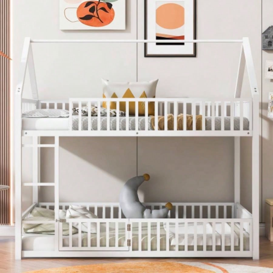 Metal Twin over Twin House Bunk Bed with Fence and Door, White
