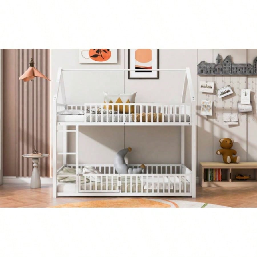 Metal Twin over Twin House Bunk Bed with Fence and Door, White