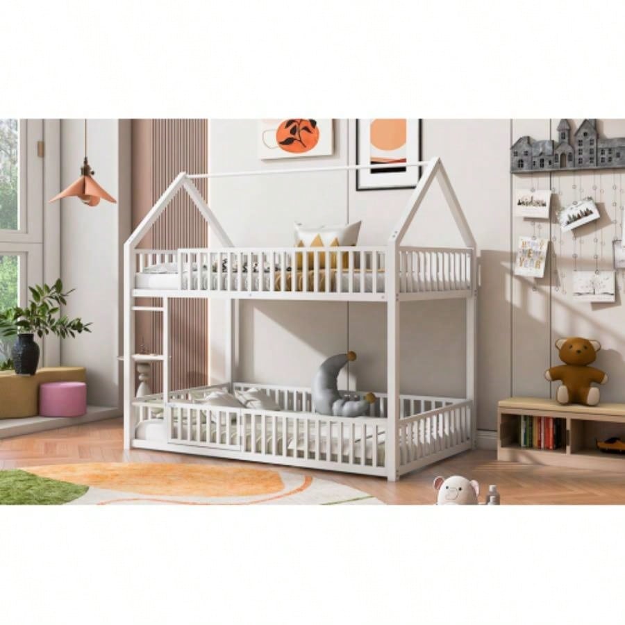 Metal Twin over Twin House Bunk Bed with Fence and Door, White
