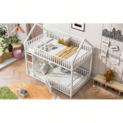 Metal Twin over Twin House Bunk Bed with Fence and Door, White