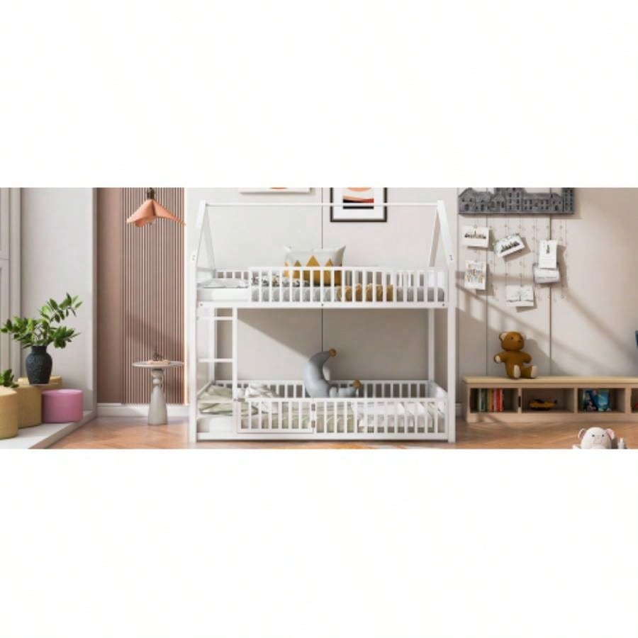 Metal Twin over Twin House Bunk Bed with Fence and Door, White