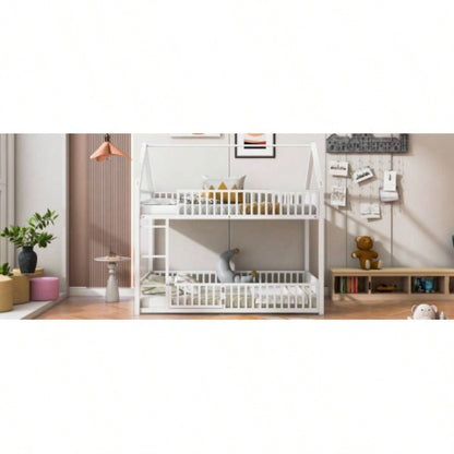 Metal Twin over Twin House Bunk Bed with Fence and Door, White