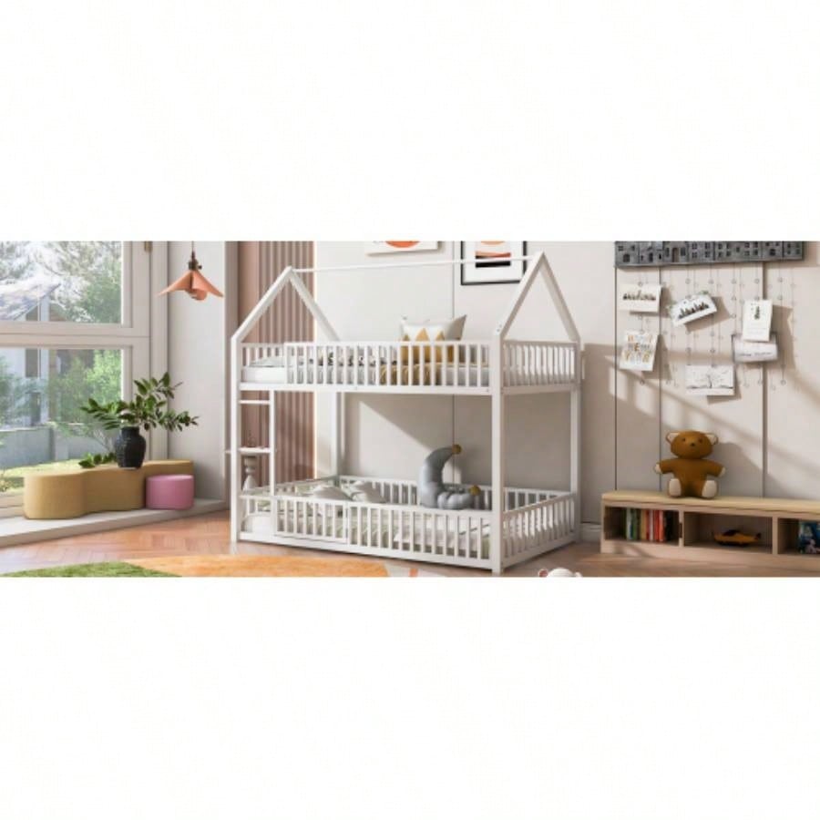 Metal Twin over Twin House Bunk Bed with Fence and Door, White