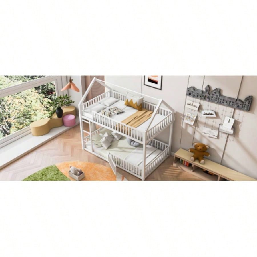 Metal Twin over Twin House Bunk Bed with Fence and Door, White