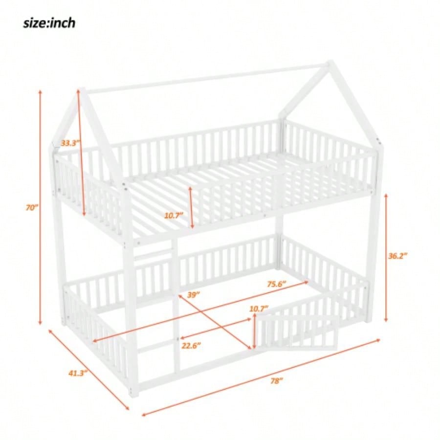 Metal Twin over Twin House Bunk Bed with Fence and Door, White