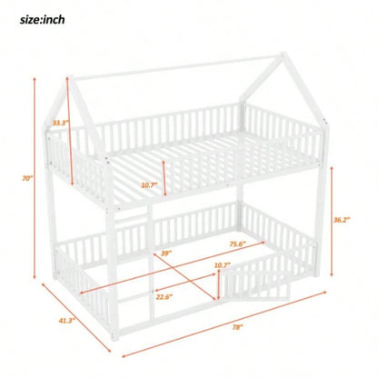 Metal Twin over Twin House Bunk Bed with Fence and Door, White