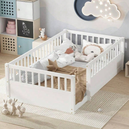 Full Floor Bed Frame with Fence, Montessori wooden s floor bed, Wood Floor Beds Frame Bedroom Playroom, White