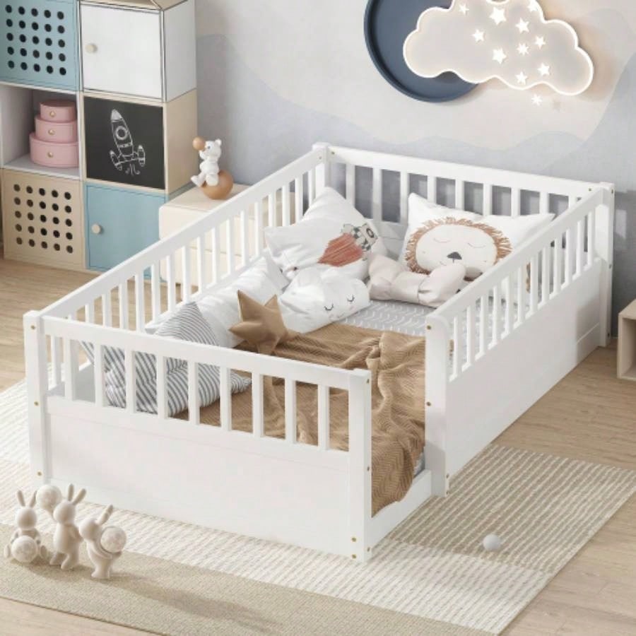 Twin Floor Bed Frame with Fence, Montessori wooden s floor bed, Wood Floor Beds Frame Bedroom Playroom, White