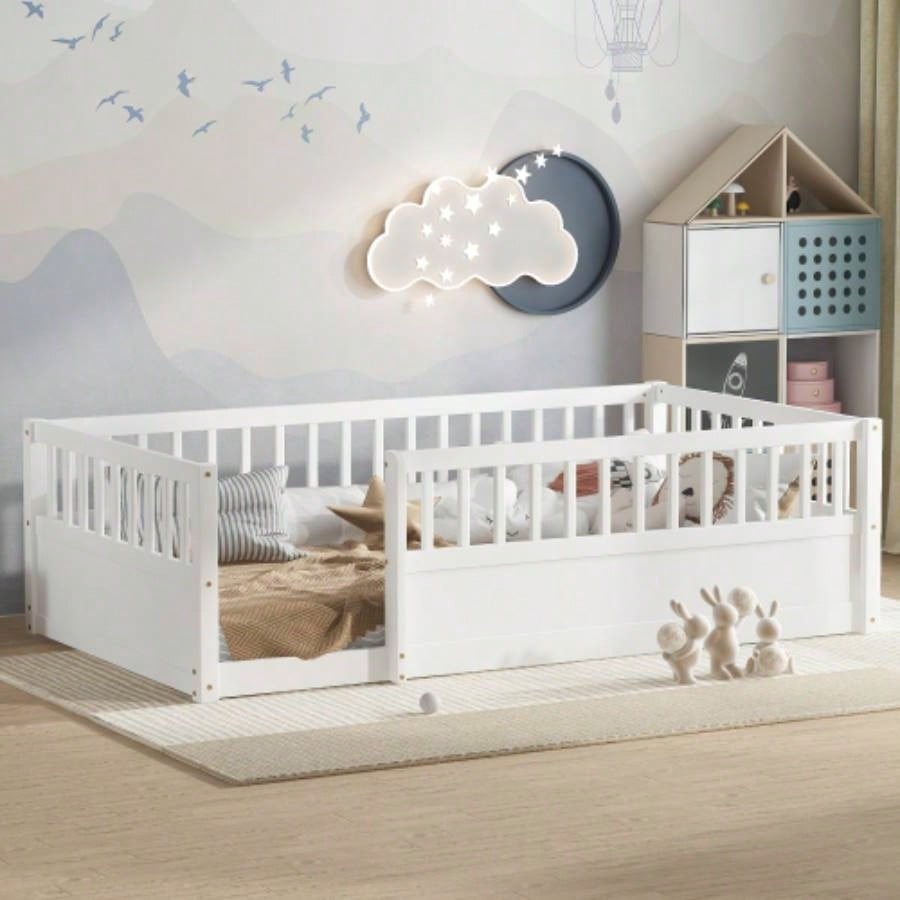 Twin Floor Bed Frame with Fence, Montessori wooden s floor bed, Wood Floor Beds Frame Bedroom Playroom, White