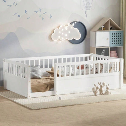 Twin Floor Bed Frame with Fence, Montessori wooden s floor bed, Wood Floor Beds Frame Bedroom Playroom, White