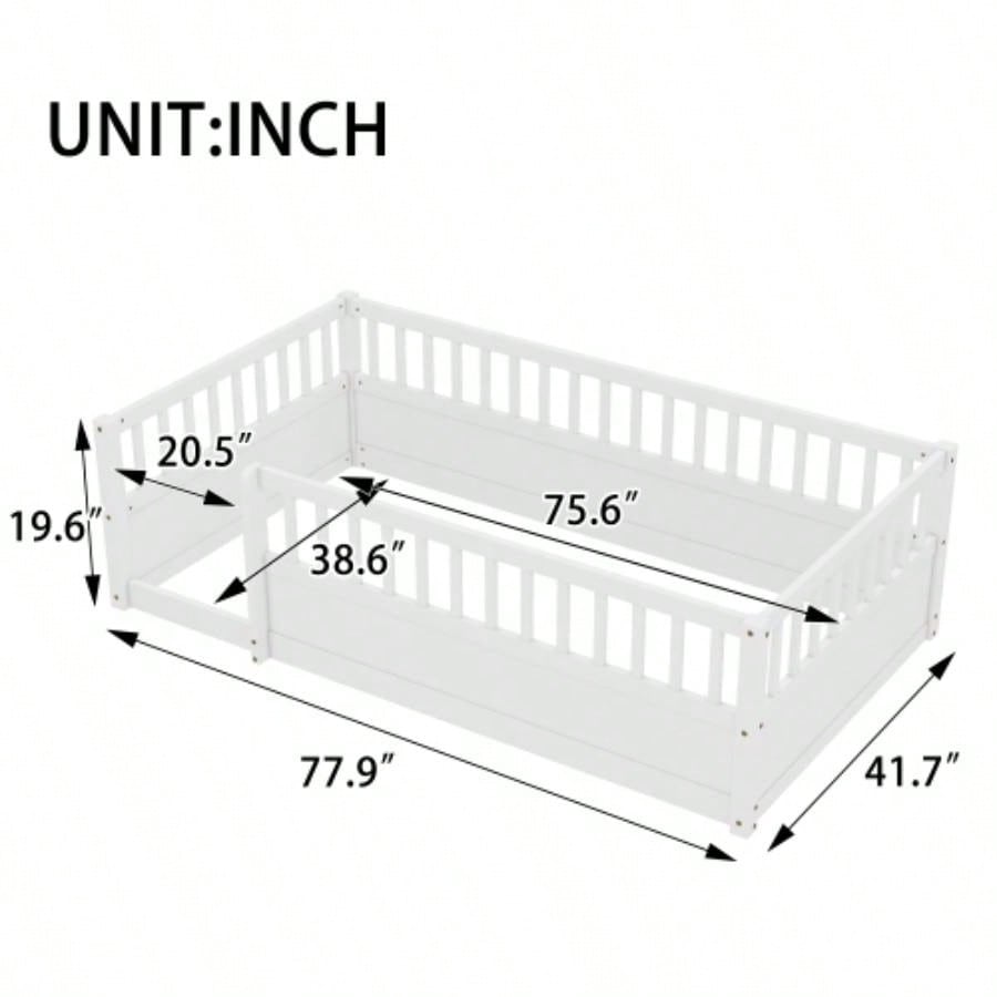 Twin Floor Bed Frame with Fence, Montessori wooden s floor bed, Wood Floor Beds Frame Bedroom Playroom, White