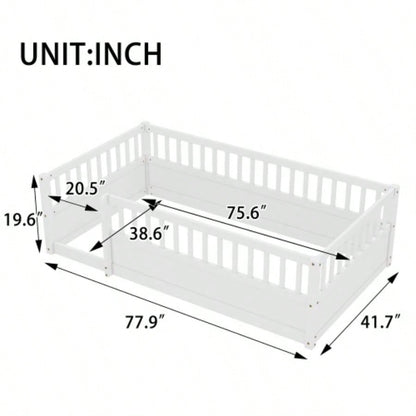 Twin Floor Bed Frame with Fence, Montessori wooden s floor bed, Wood Floor Beds Frame Bedroom Playroom, White