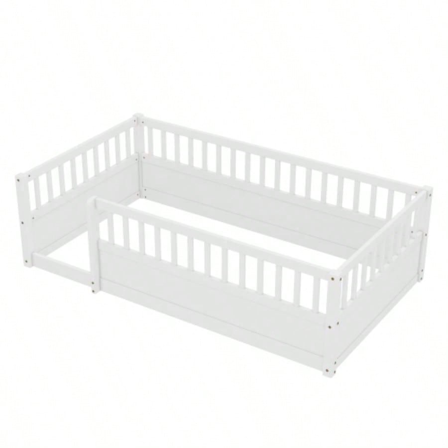 Twin Floor Bed Frame with Fence, Montessori wooden s floor bed, Wood Floor Beds Frame Bedroom Playroom, White