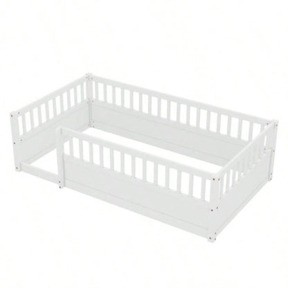 Twin Floor Bed Frame with Fence, Montessori wooden s floor bed, Wood Floor Beds Frame Bedroom Playroom, White