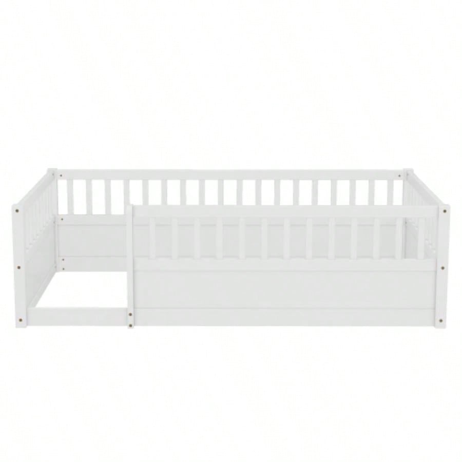 Twin Floor Bed Frame with Fence, Montessori wooden s floor bed, Wood Floor Beds Frame Bedroom Playroom, White