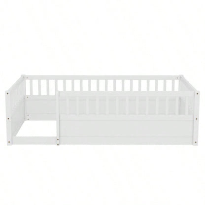 Twin Floor Bed Frame with Fence, Montessori wooden s floor bed, Wood Floor Beds Frame Bedroom Playroom, White