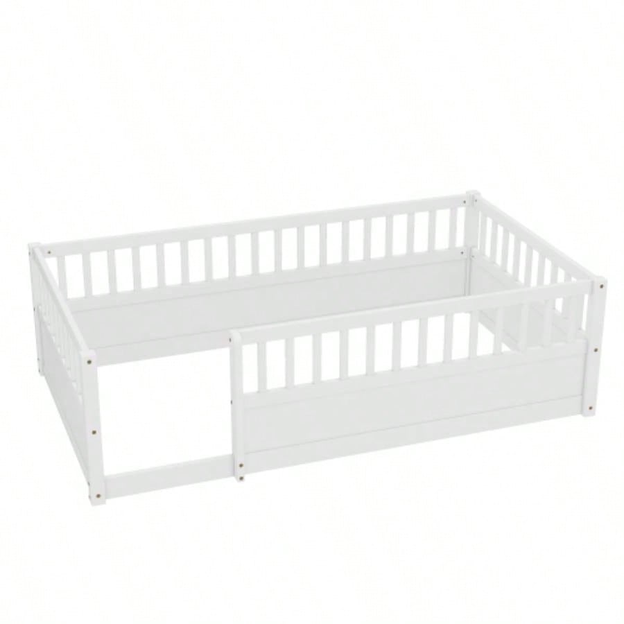 Twin Floor Bed Frame with Fence, Montessori wooden s floor bed, Wood Floor Beds Frame Bedroom Playroom, White