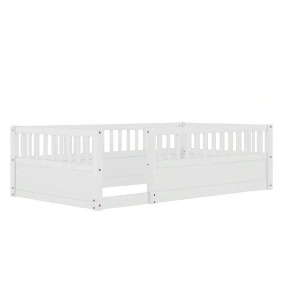 Twin Floor Bed Frame with Fence, Montessori wooden s floor bed, Wood Floor Beds Frame Bedroom Playroom, White