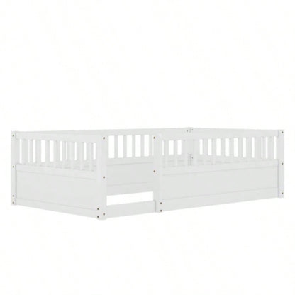Twin Floor Bed Frame with Fence, Montessori wooden s floor bed, Wood Floor Beds Frame Bedroom Playroom, White
