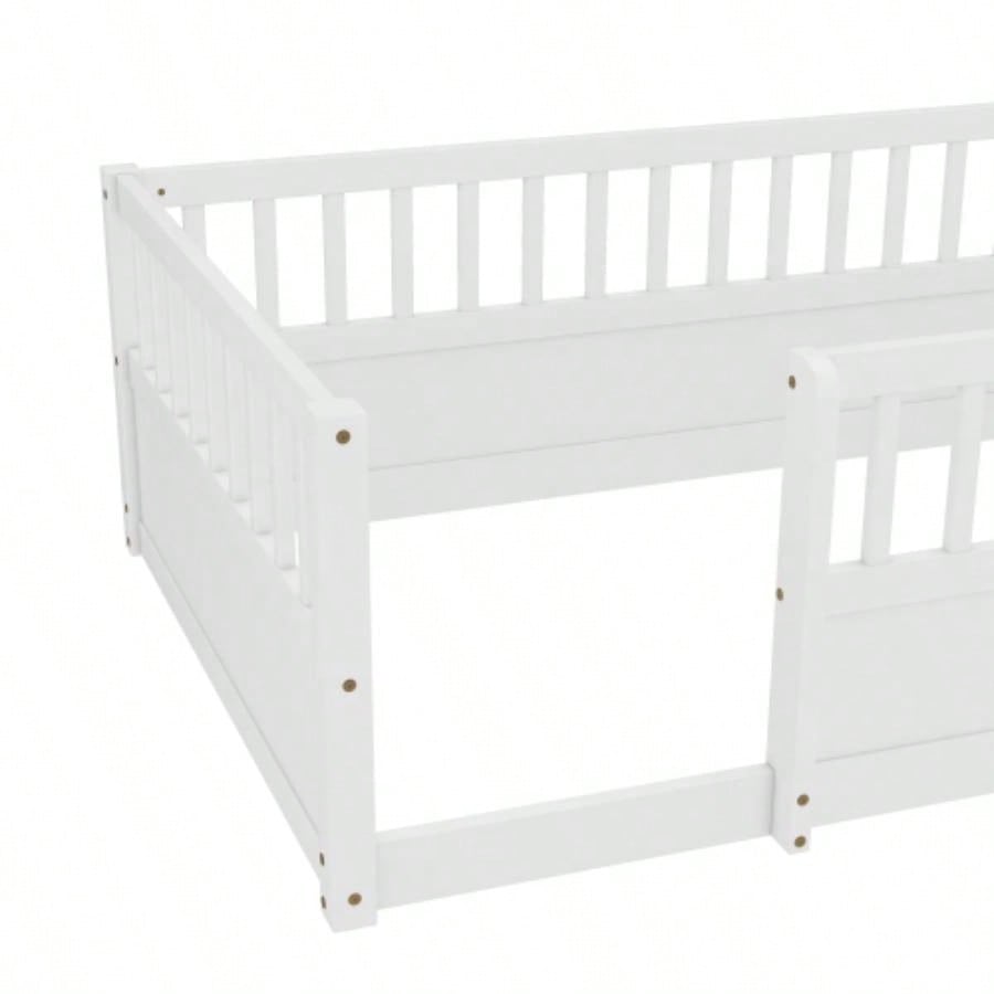 Twin Floor Bed Frame with Fence, Montessori wooden s floor bed, Wood Floor Beds Frame Bedroom Playroom, White