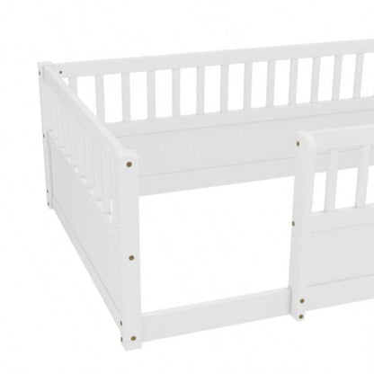 Twin Floor Bed Frame with Fence, Montessori wooden s floor bed, Wood Floor Beds Frame Bedroom Playroom, White