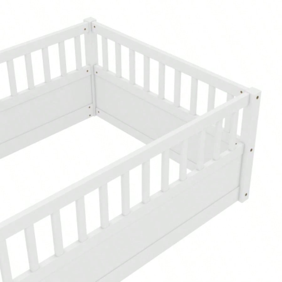 Twin Floor Bed Frame with Fence, Montessori wooden s floor bed, Wood Floor Beds Frame Bedroom Playroom, White