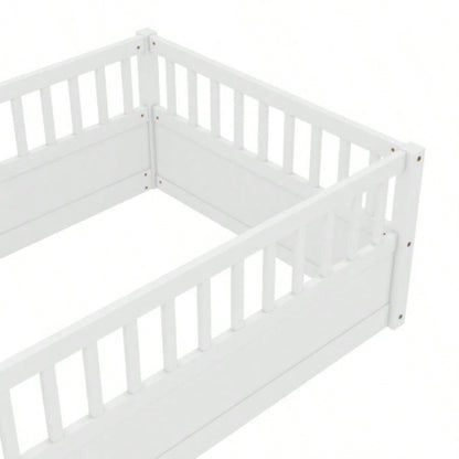 Twin Floor Bed Frame with Fence, Montessori wooden s floor bed, Wood Floor Beds Frame Bedroom Playroom, White
