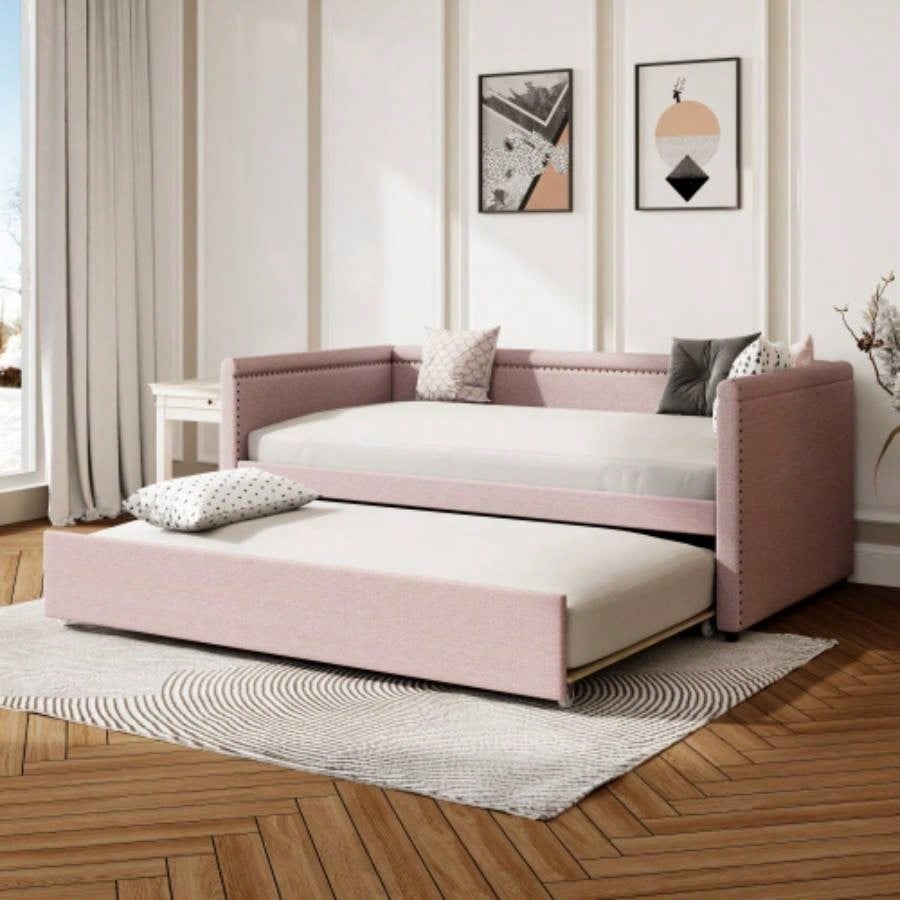 Modern Style Twin Size Upholstered Daybed with Trundle Guest Room, Small Bedroom, Study Room, Pink