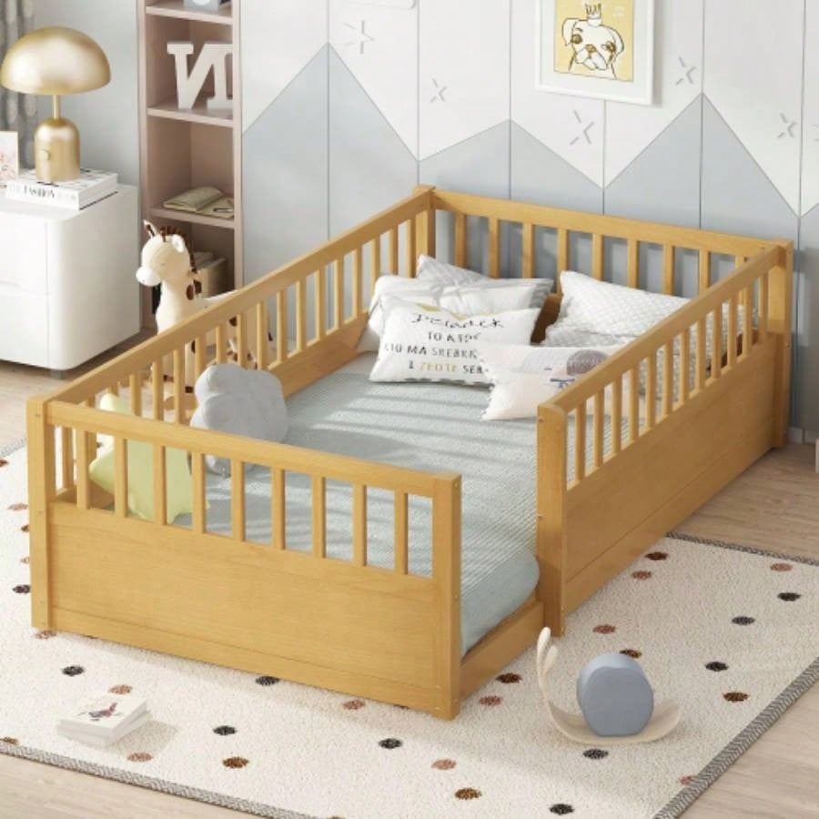 Full Floor Bed Frame with Fence, Montessori wooden s floor bed, Wood Floor Beds Frame Bedroom Playroom, White