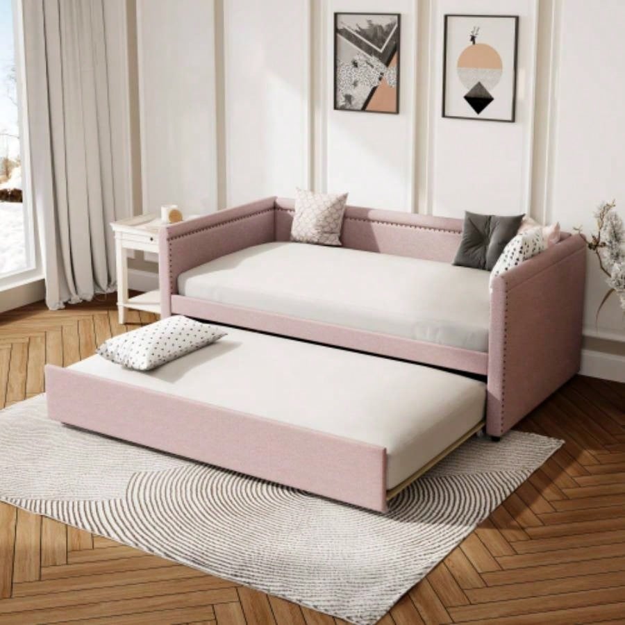 Modern Style Twin Size Upholstered Daybed with Trundle Guest Room, Small Bedroom, Study Room, Pink